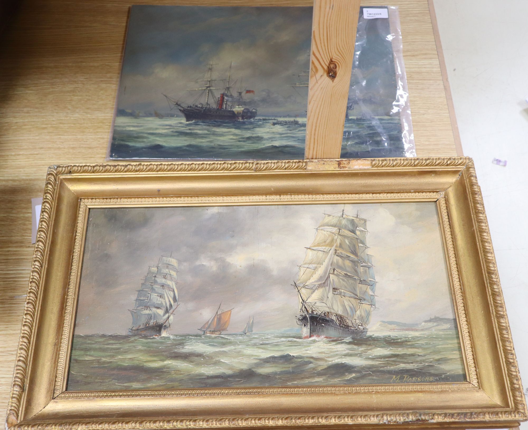 Max Parsons A.R.C.A. (1915-1998), sailing ships at sea, signed, oil on board, in gilt frame and another oil on board